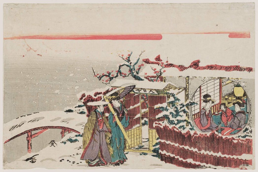 Two Women Visiting Others At A Pavilion In Snow — Katsushika Hokusai