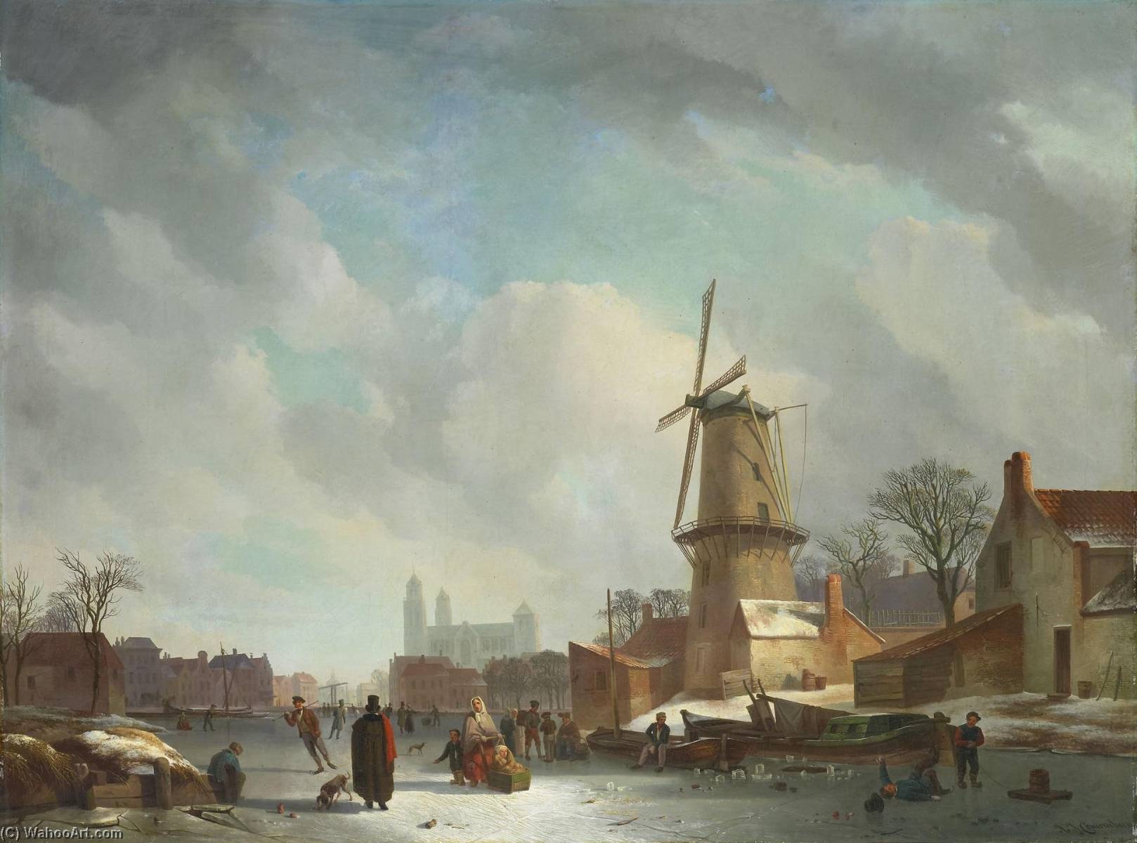 Frolicking On A Fozen Canal In A Town — Abraham Johannes Couwenberg
