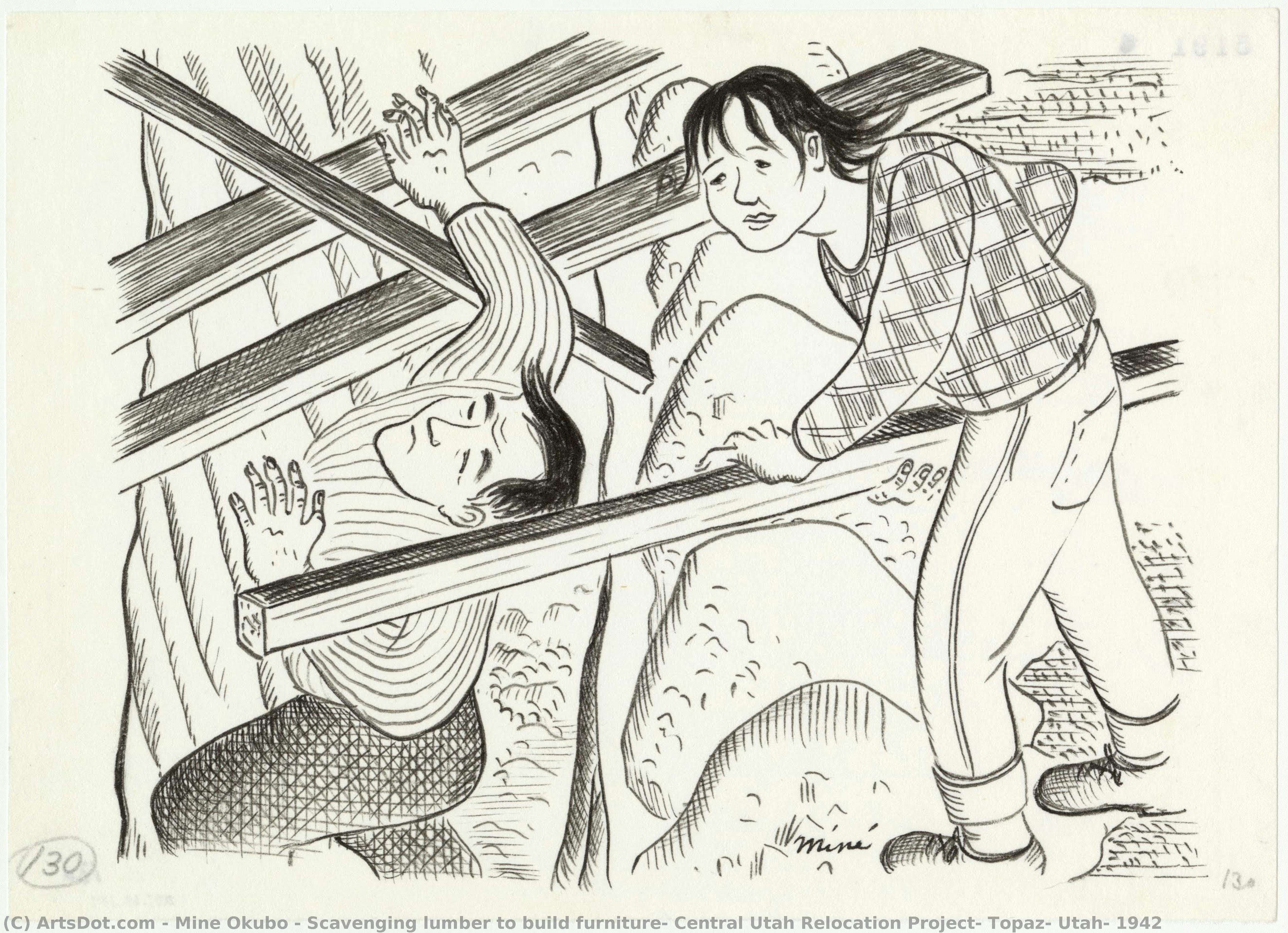 Scavenging Lumber To Build Furniture, Central Utah Relocation Project, Topaz, Utah, 1942 — Miné Okubo