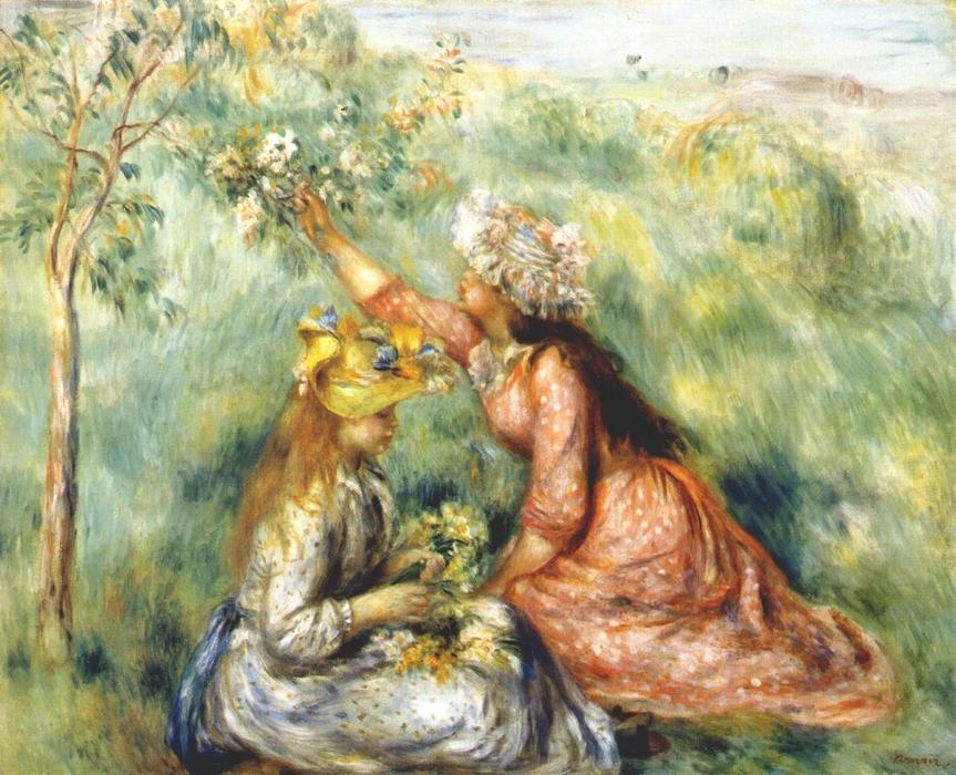 Niñas Recogiendo Flores En Un Prado — Pierre-auguste Renoir