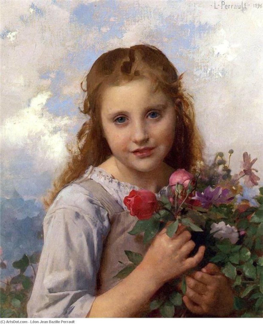 Young Girl With A Bouquet Of Flowers — Léon Jean Bazille Perrault