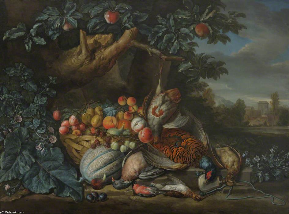 Dead Game And A Basket Of Fruit In A Woodland Setting — Pieter Andreas Rysbrack