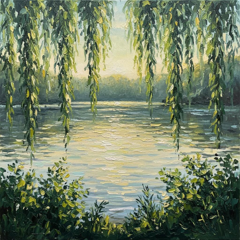 Leuchtender Weiden-schleier Über Einer Stillen Und Meditativen Grünen Wasseroberfläche — Christian Noiret