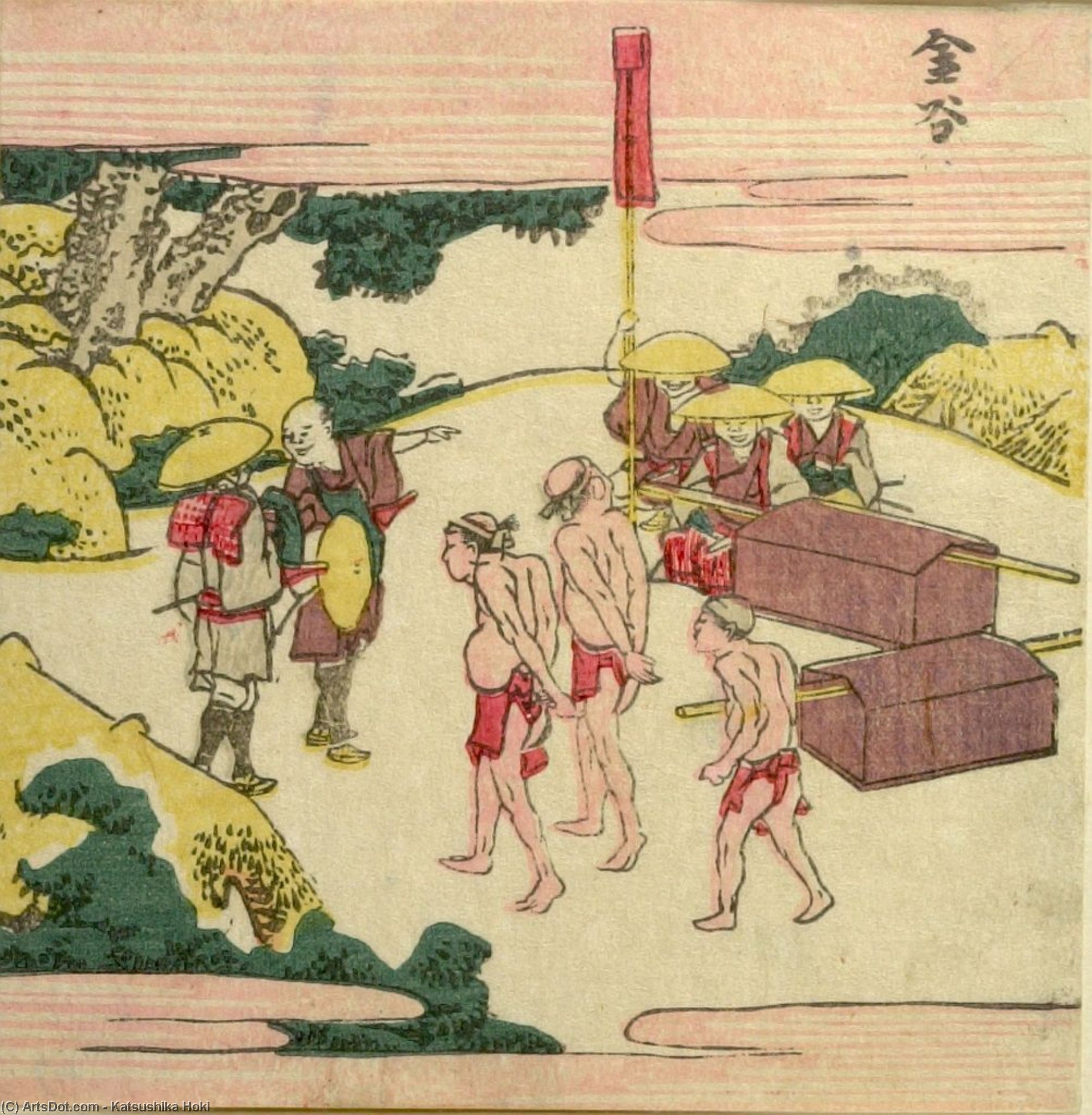 Viajeros Esperando Cruzar El Río Ōi — Katsushika Hokusai