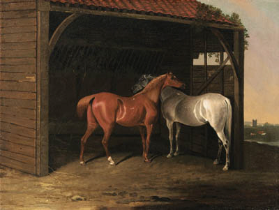 A Chestnut Hunter And A Grey Hunter By A Manger, With A River Landscape Beyond — Edwin Cooper