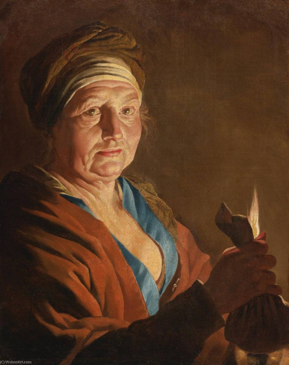 An Old Woman Holding A Purse By Candlelight — Matthias Stom