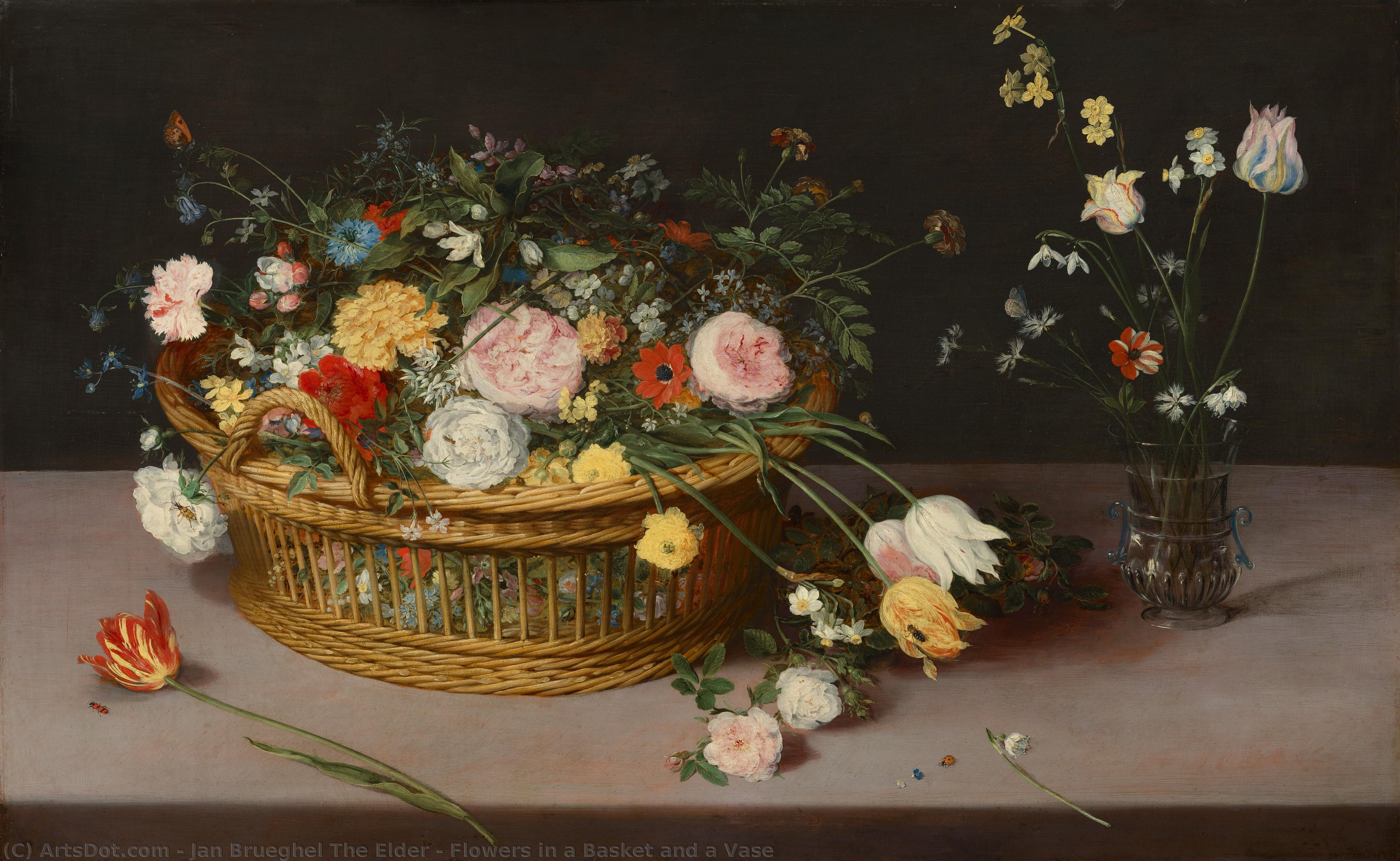 Flowers In A Basket And A Vase — Jan Brueghel The Elder
