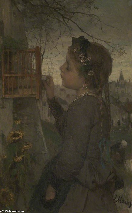 A Girl Feeding A Bird In A Cage — Jacob Henricus Maris