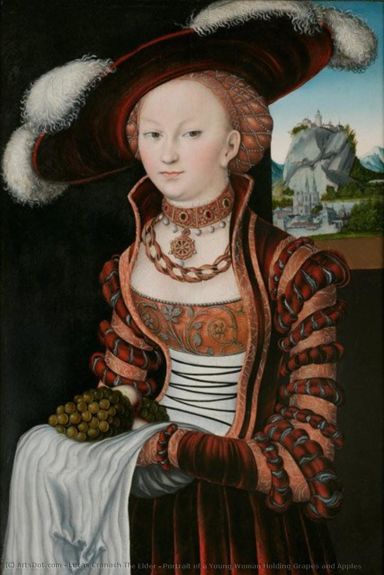 Portrait Of A Young Woman Holding Grapes And Apples — Lucas Cranach The Elder