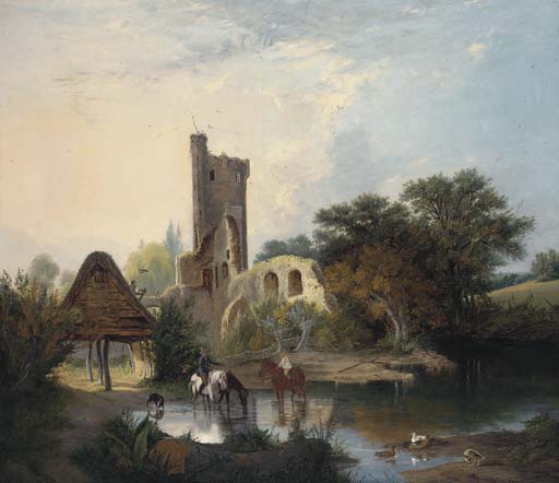 Horses Watering Before A Castle Ruin — Alfred Stannard