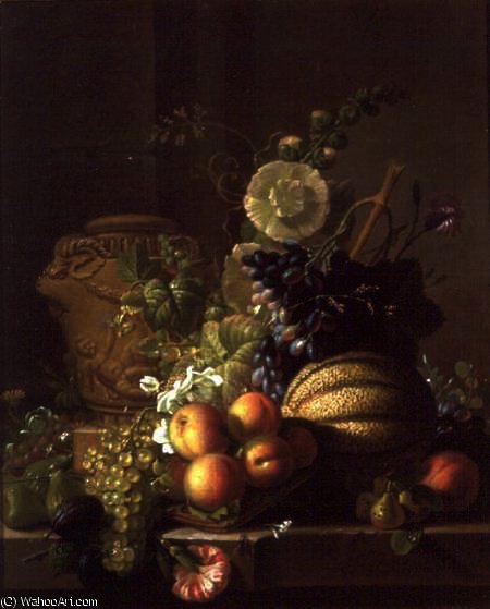 A Still Life Of A Melon, Peaches, Figs, Plums, Grapes And Other Fruit — Jean Louis Prevost