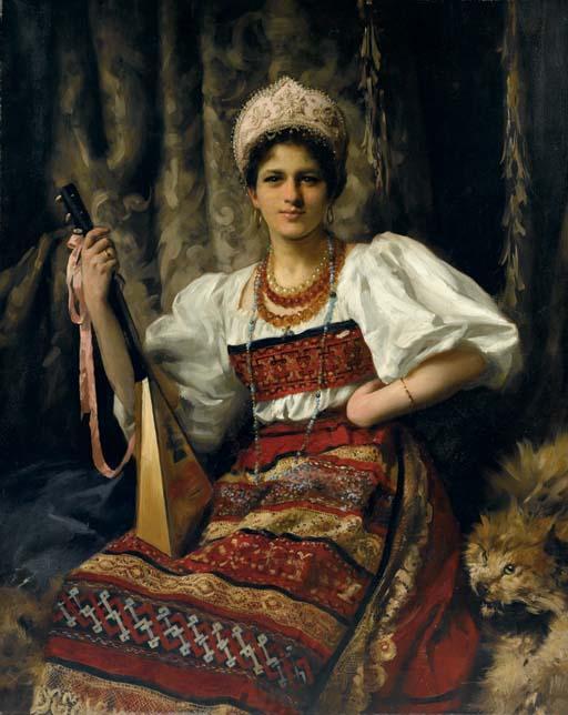 Portrait Of Anne In Russian Costume Holding A Balalaika — Thomas Benjamin Kennington