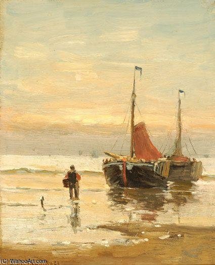 A Fisherman By Two Boats On The Beach — Gerhard Arij Ludwig Morgenstje Munthe
