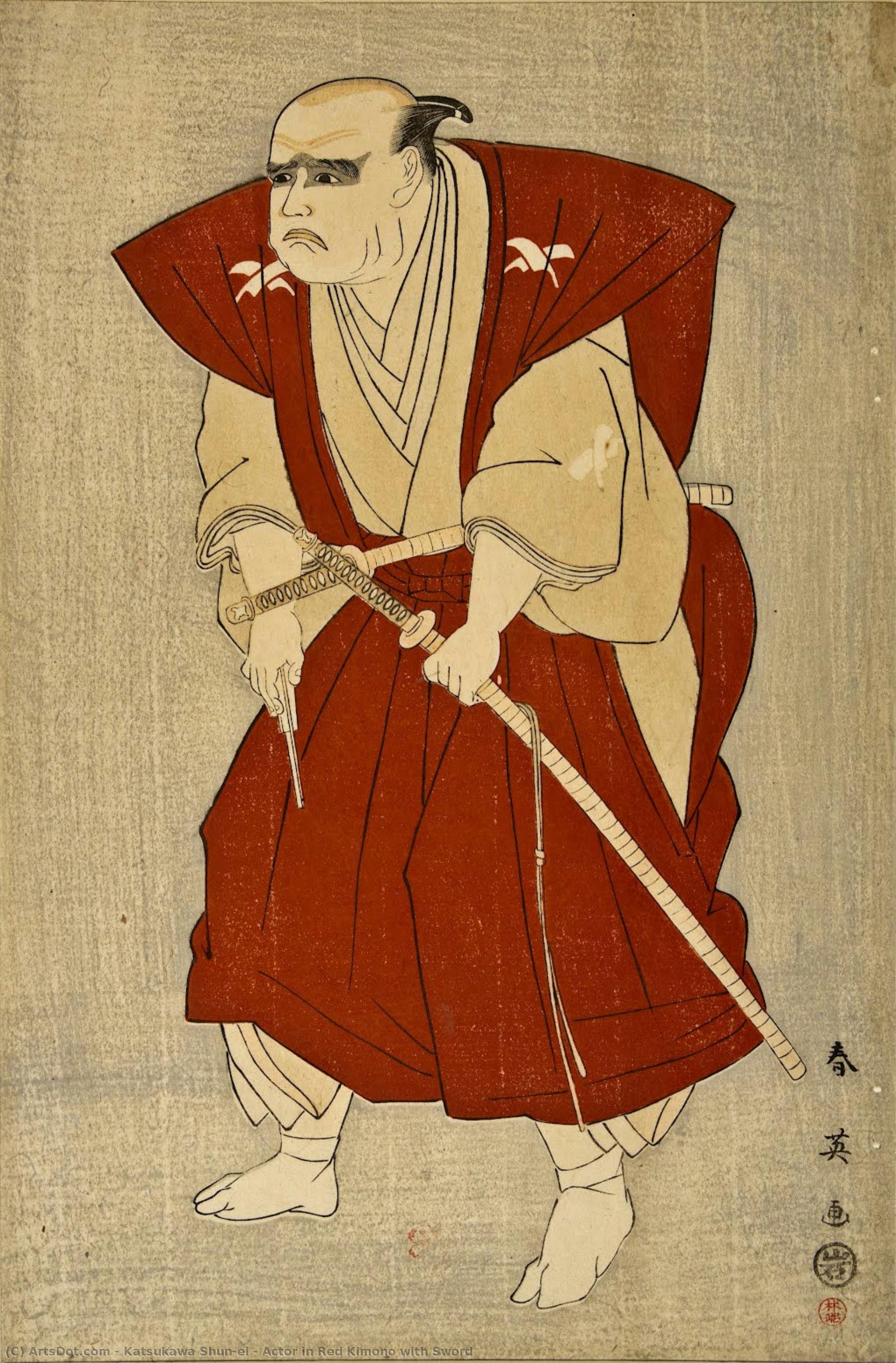 Actor In Red Kimono With Sword — Katsukawa Shun'ei