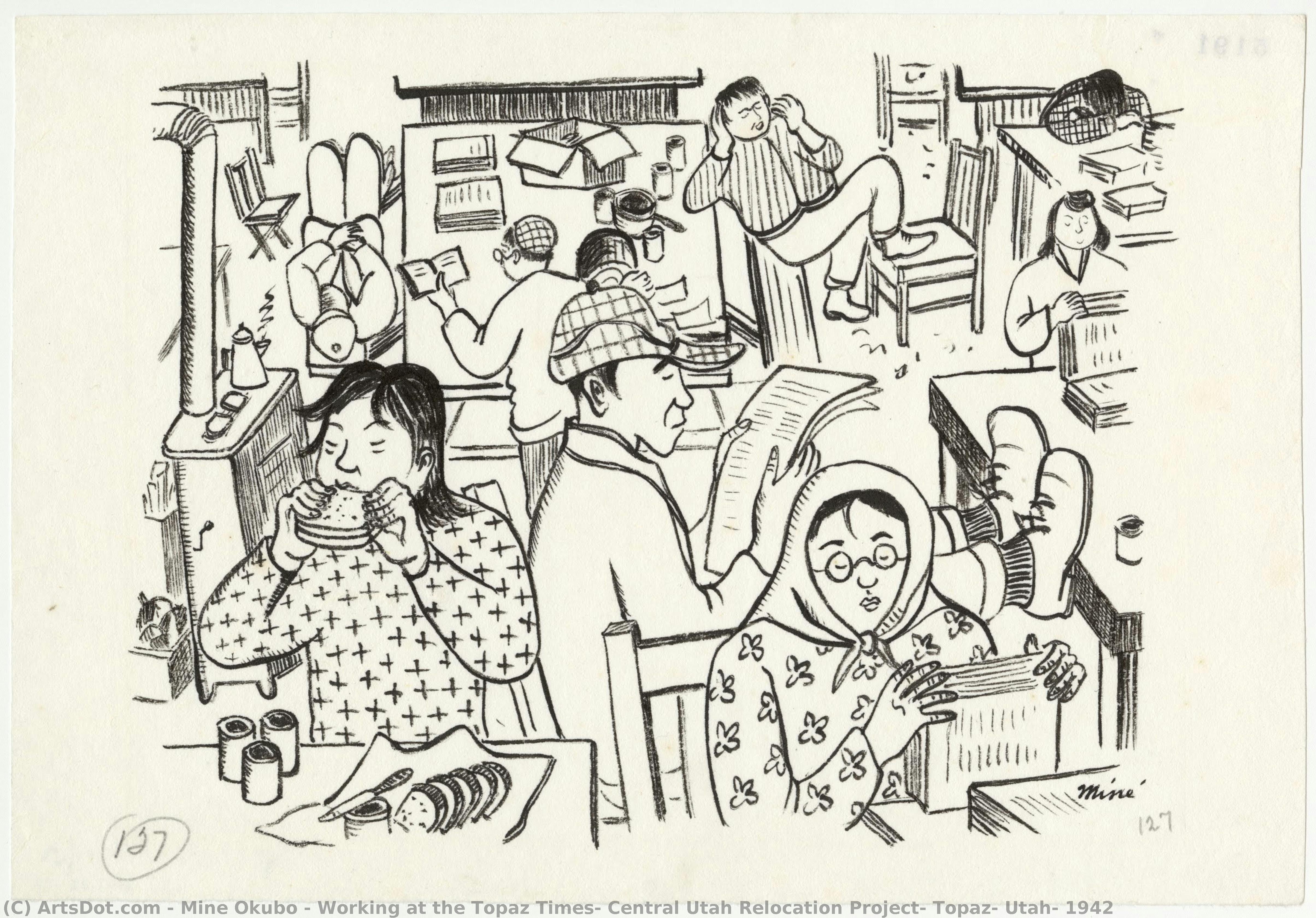 Working At The Topaz Times, Central Utah Relocation Project, Topaz, Utah, 1942 — Miné Okubo