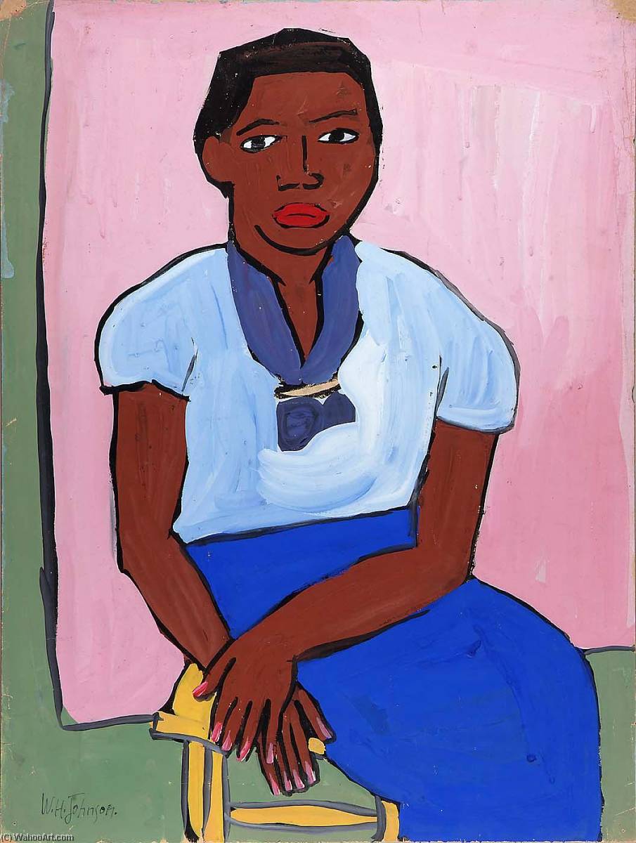 Seated Woman In Blue Dress On Yellow Stool — William H. Johnson