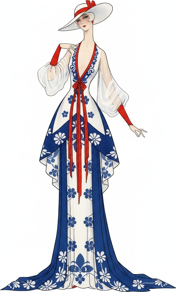 Cobalt Floral Gown With Scarlet Ribbon Accents — Valentin Laurent De Courcey