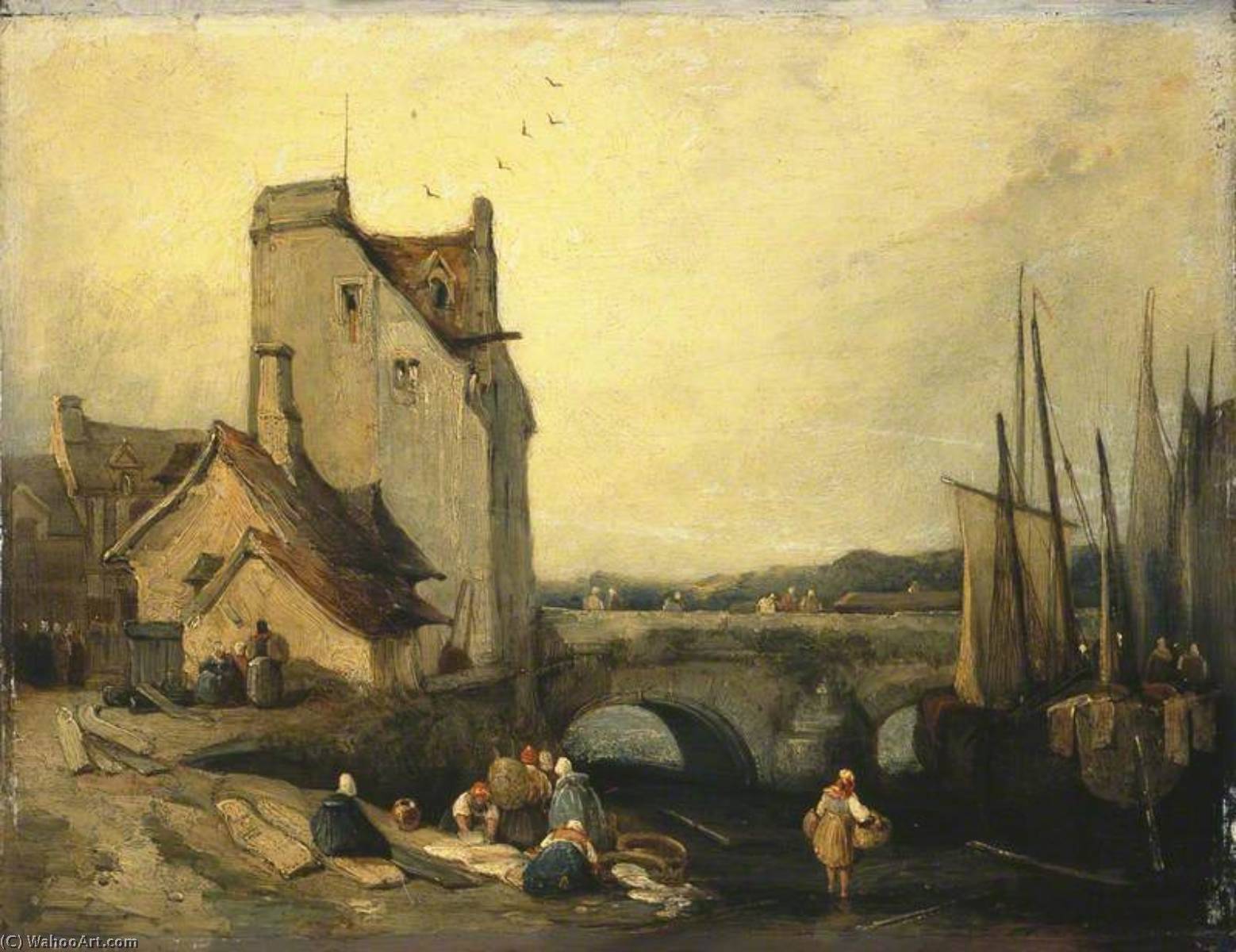 View In Brittany Bridge, Cottages And Washerwomen — Richard Parkes Bonington