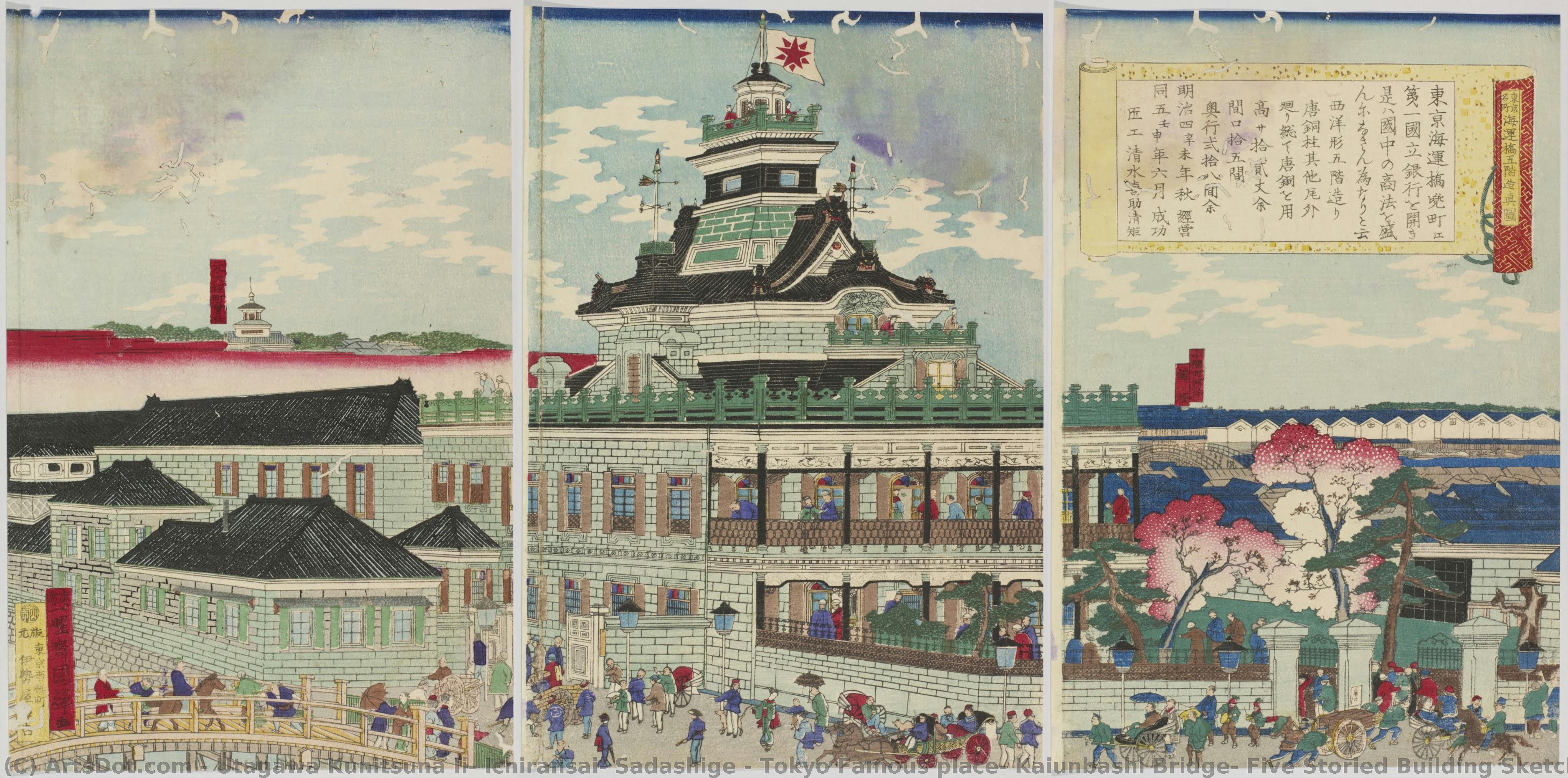 Tokyo Famous Place: Kaiunbashi Bridge, Five Storied Building Sketch — Utagawa Kunitsuna Ii, Ichiransai, Sadashige