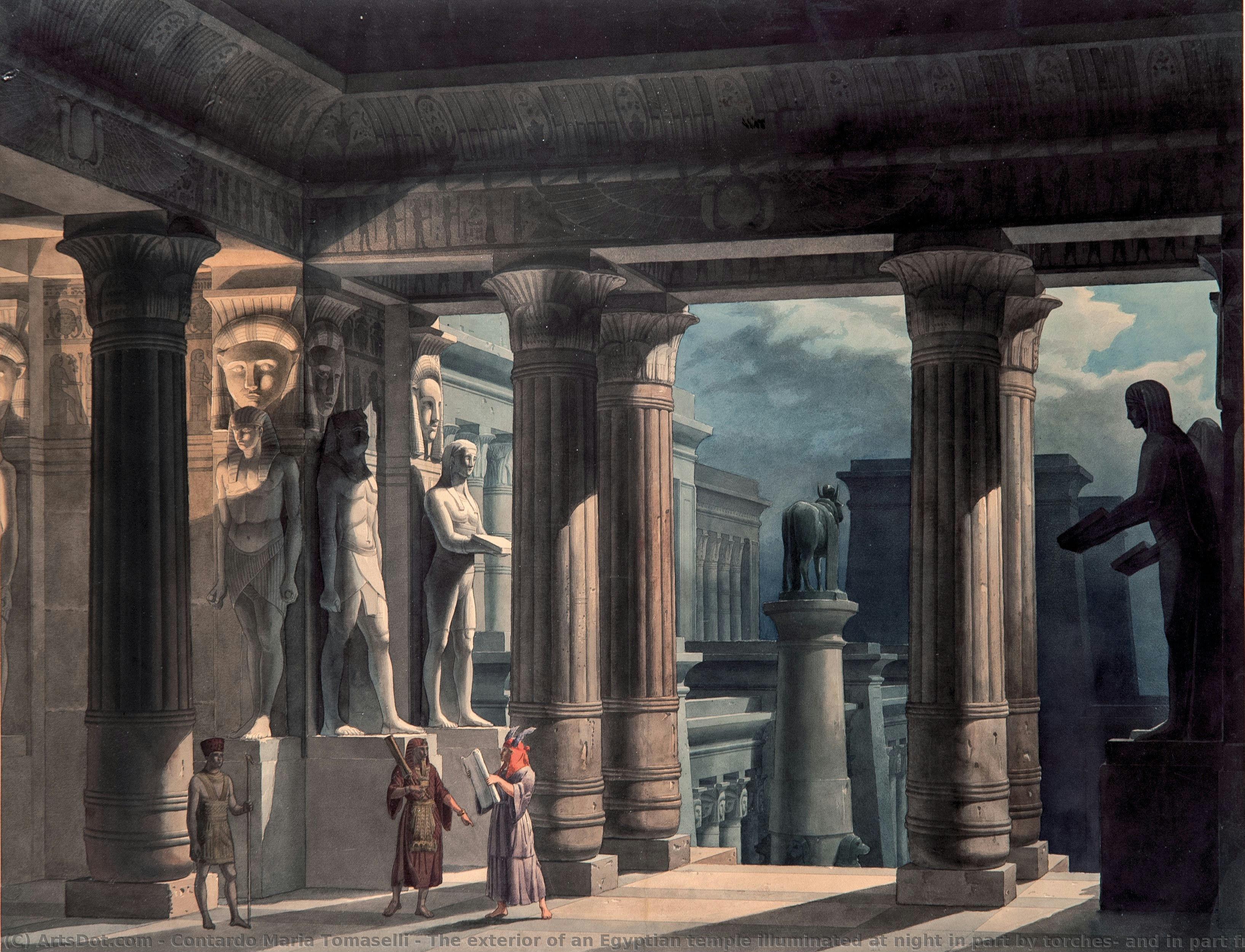 The Exterior Of An Egyptian Temple Illuminated At Night In Part By Torches, And In Part From The Moon — Contardo Maria Tomaselli
