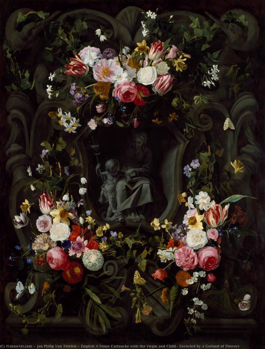 English A Stone Cartouche With The Virgin And Child, Encircled By A Garland Of Flowers — Jan Philips Van Thielen