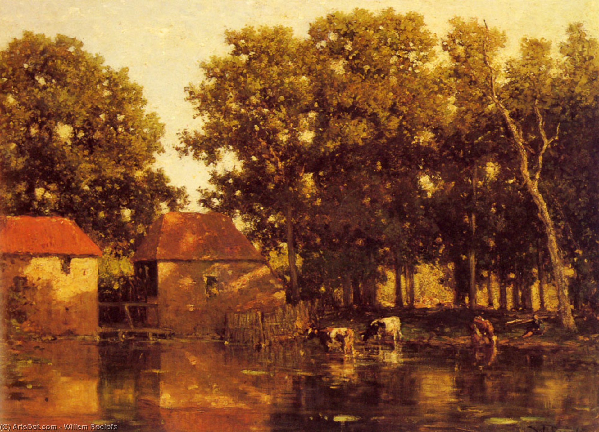 A Sunlit River Landscape With Cows Watering — Willem Roelofs