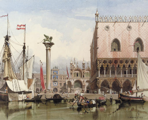 Sailingvessels Moored By The Doge's Palace, Venice — Carl (friedrich Heinrich) Werner