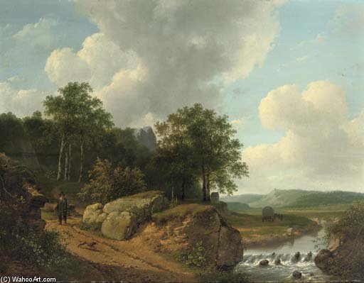 An Extensive Landscape With A Traveller Approaching A Stream — Andreas Schelfhout
