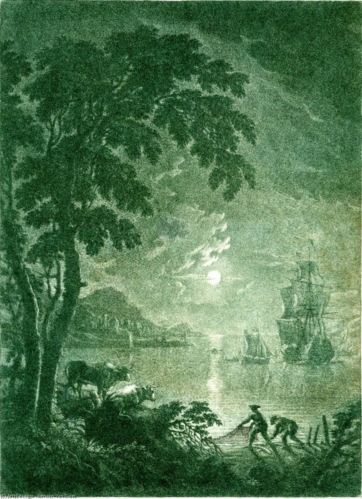 Landscape, Moonlit View Of A Strech Of Calm Water With A Ship To Right And Smaller Boats Around It — Adriaen Van Diest