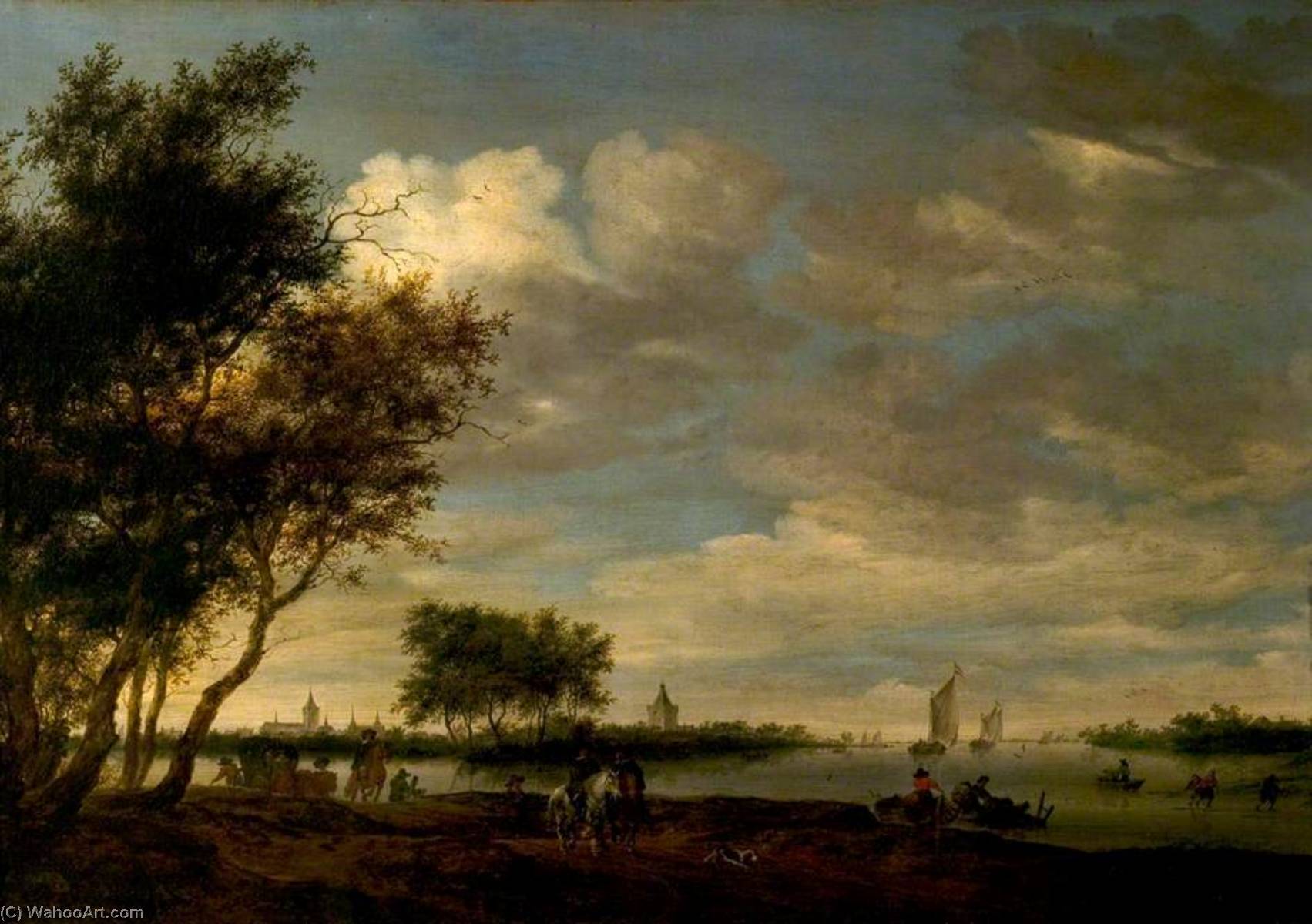 River Scene With A Distant View Of Vianen, The Netherlands — Salomon Van Ruysdael