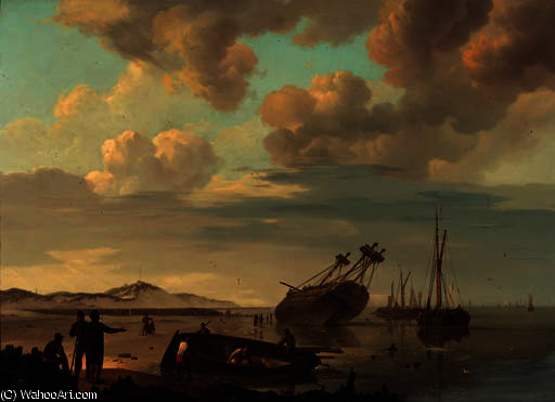 A Beached Three-master With Beachcombers Along The Shore — Johannes Hermanus Koekkoek
