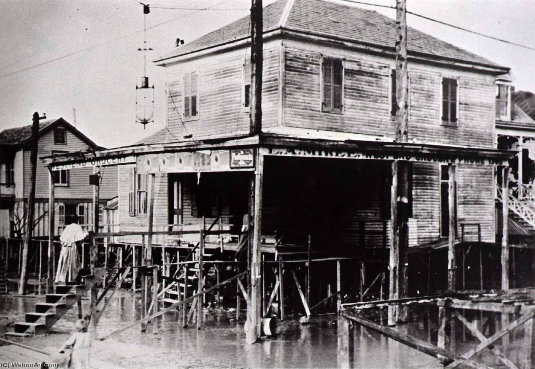 West End Grocery, Location Unidentified, Woman Going Up Steps, During Grandraising 1903 1911, From The Corner Stores Of Galveston, Galveston County Cultural Arts Council — Betty Tichich