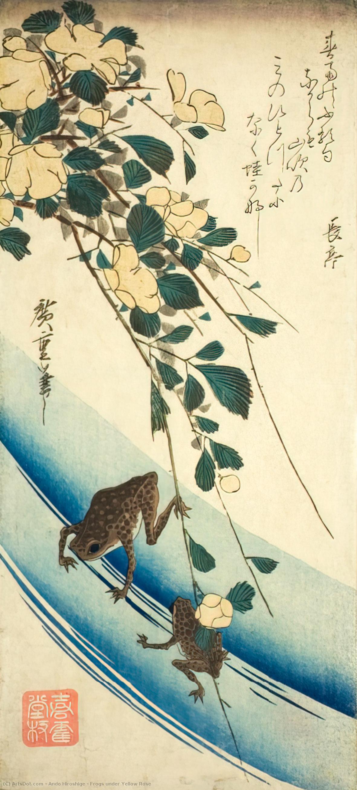 Frogs Under Yellow Rose — Ando Hiroshige