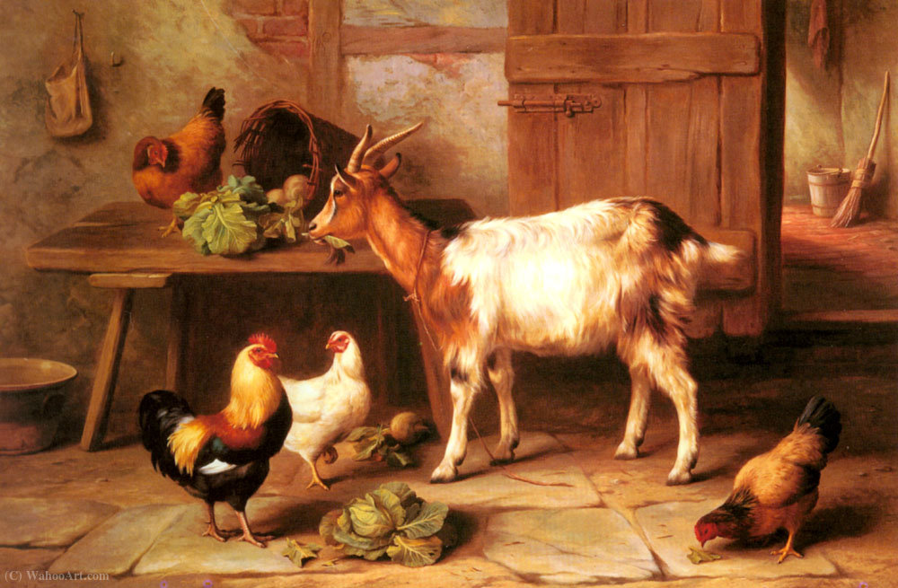 Goat And Chickens Feeding In A Cottage Interior — Edgar Hunt