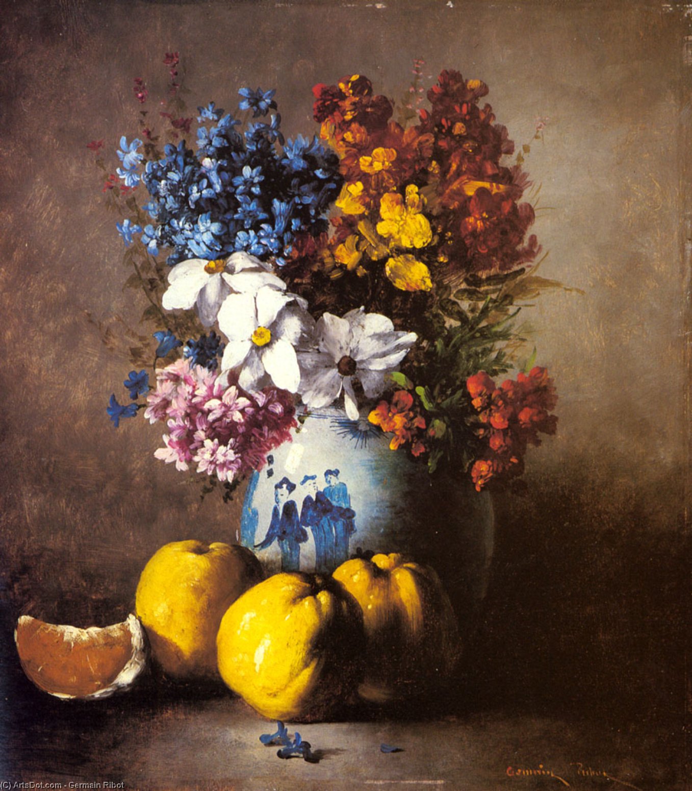 A Still Life With A Vase Of Flowers And Fruit — Germain Ribot
