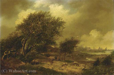 A Wooded Landscape With A City Beyond — Hendrik Pieter Koekkoek