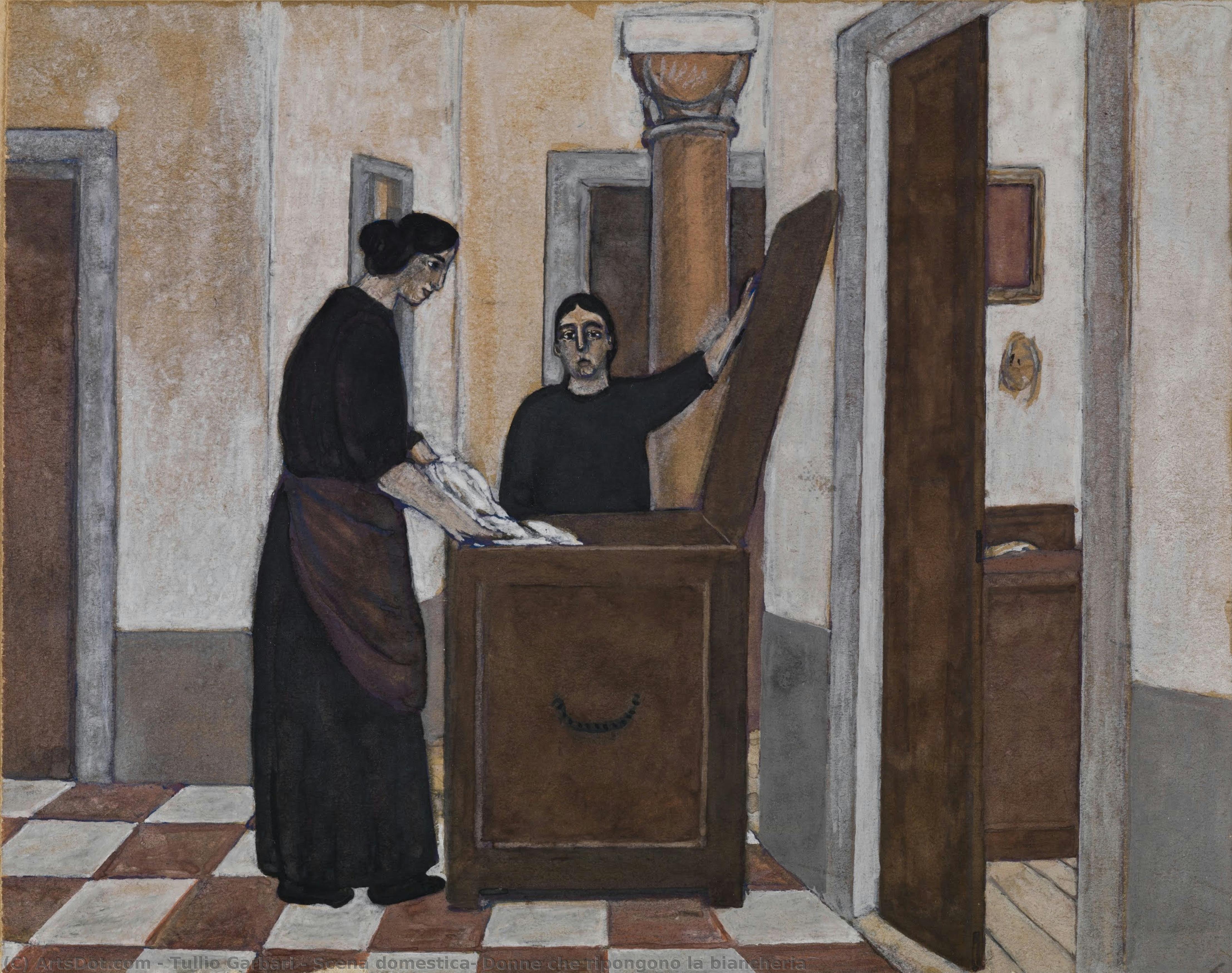 Scena Domestica: Donne Che Ripongono La Biancheria — Tullio Garbari