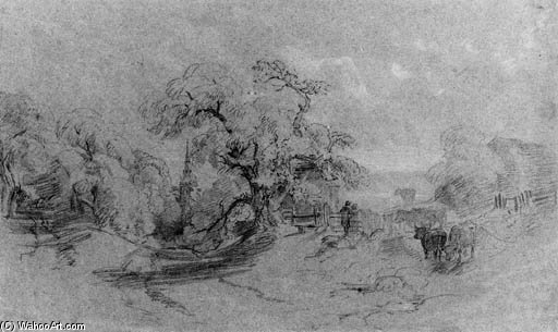 Cattle On The Edge Of A Lane, A Church Beyond — Peter De Wint