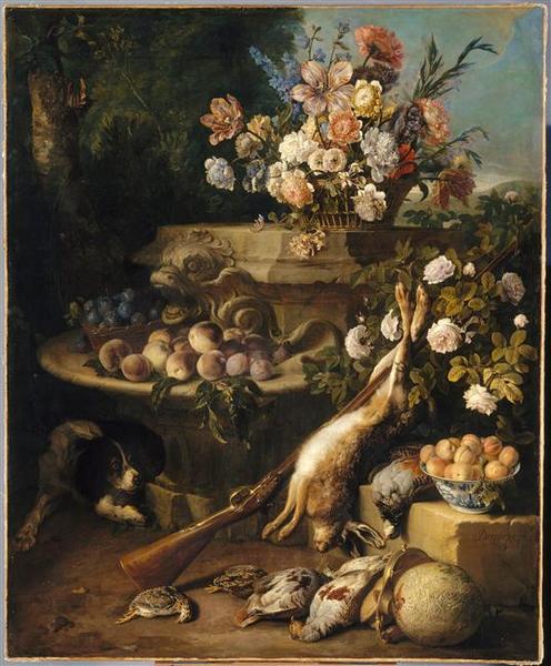 Gibier, Fleurs, Fruits Et Un Chien — Aleksandr Fransoa Desport