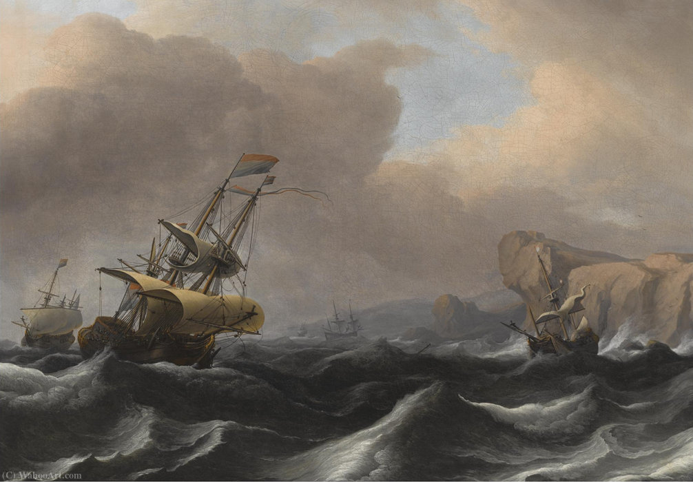 A Dutch Frigate And Other Shipping In Stormy Seas Along A Rocky Coastline — Aernout Smit