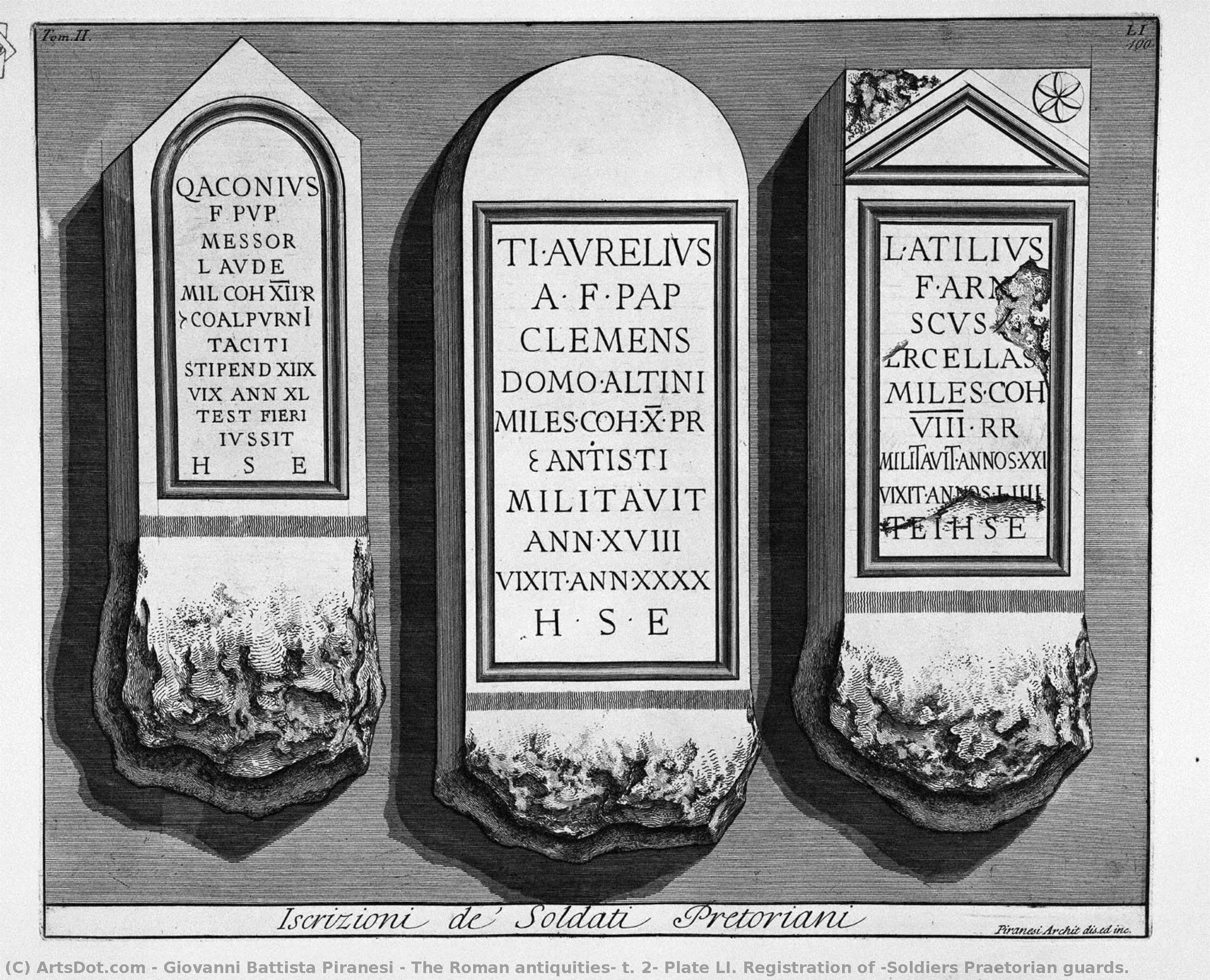 The Roman Antiquities, T. 2, Plate Li. Registration Of `soldiers Praetorian Guards. — Giovanni Battista Piranesi