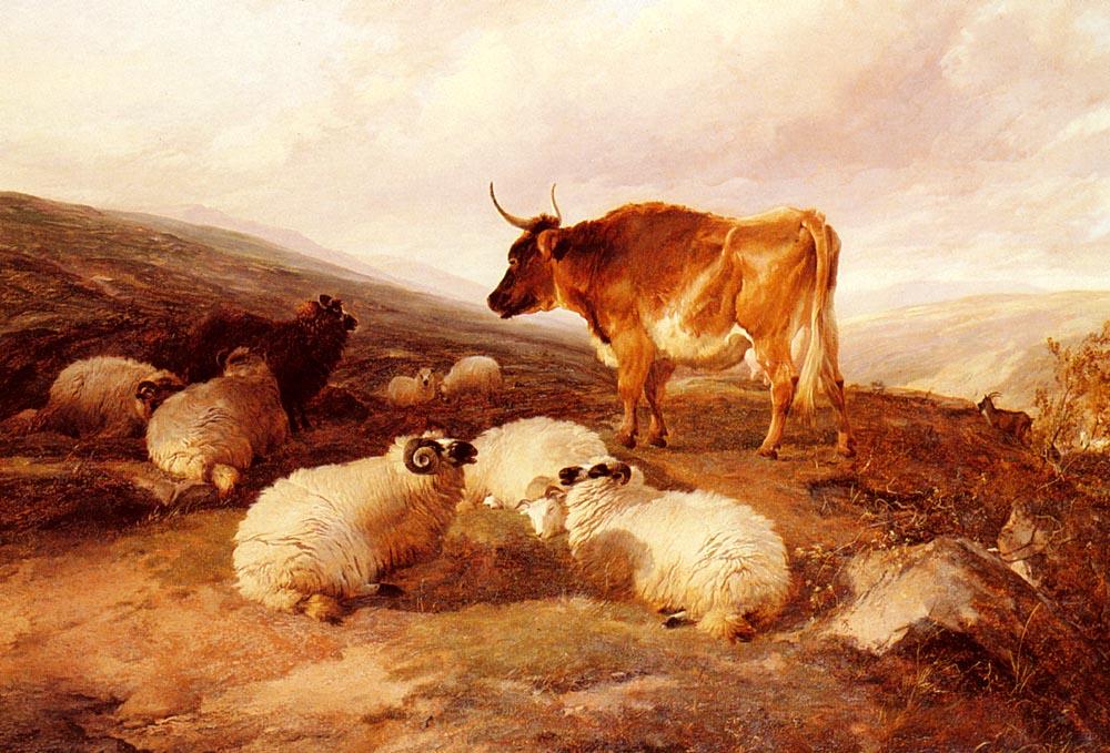 Rams And A Bull In A Highland Landscape — トーマス・シドニー・クーパー