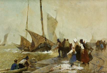 A Busy Quayside In Brittany With Fishing Boats — Hector Caffieri