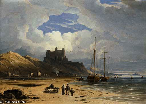 Bamborough Castle From The North-east, With Holy Island In The Distance, Northumberland — John Varley I (the Older)