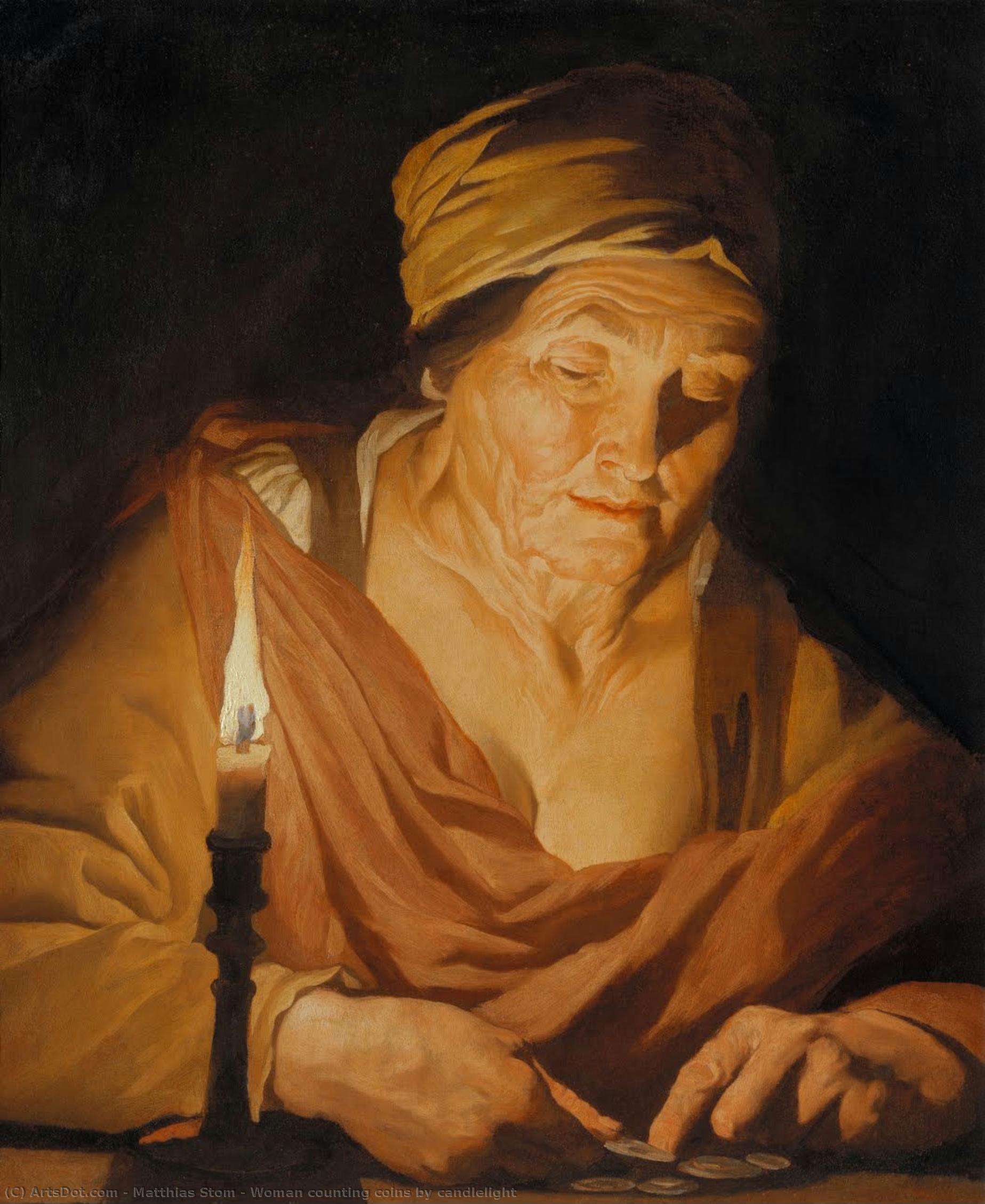 Woman Counting Coins By Candlelight — Matthias Stomer