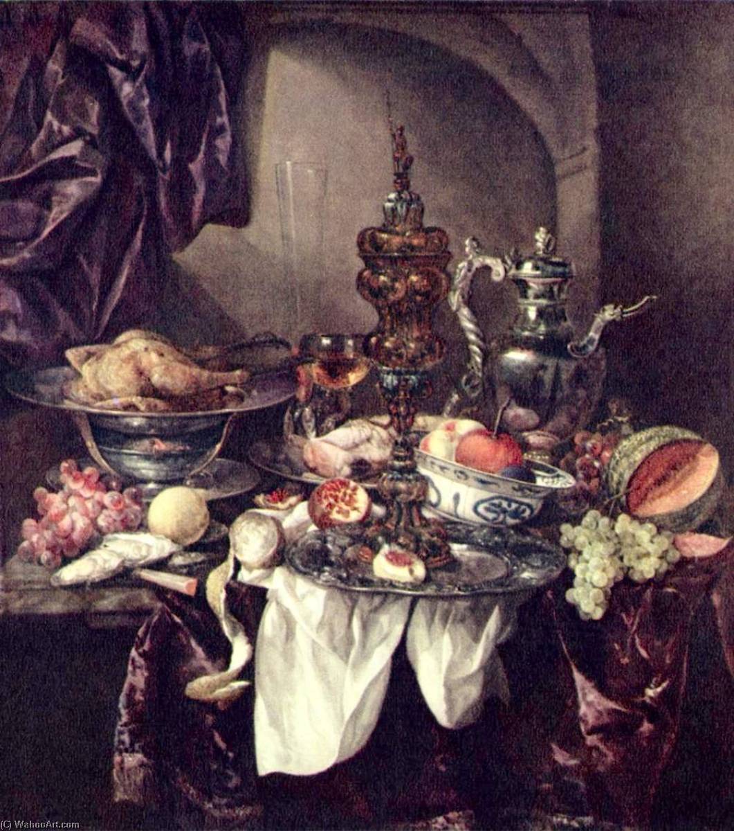 Still Life With Fruit, Roast, Silver And Glassware, Porcelain And Columbine Cup On A Dark Tablecloth With White Serviette — Abraham Hendricksz. Van Beyeren
