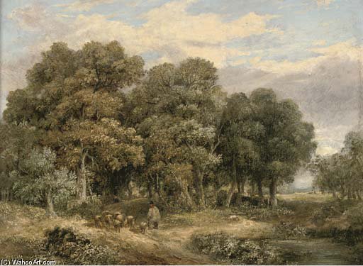 A Drover And His Flock In A Wooded Landscape — James Stark