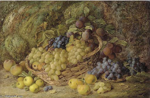 Grapes, Apples, Plums And Blueberries In A Wicker Basket, With Pears And Peaches On A Mossy Bank — Vincent Clare