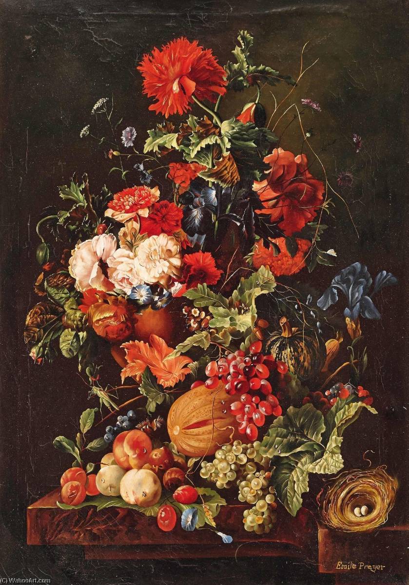 Floral Still Life With Fruit And Bird's Nest — Emilie Preyer