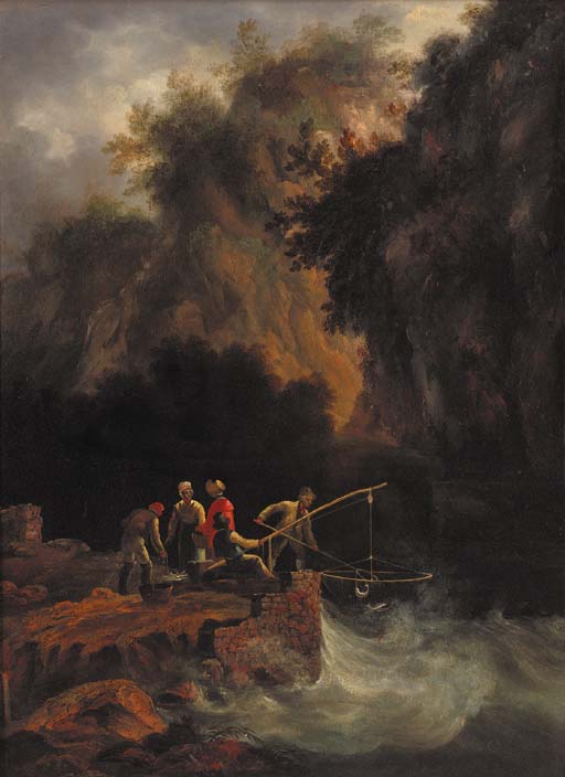 Fishermen Netting Fish Off A Rocky Ledge In A Mountainous Wooded Landscape — Nicholas Matthew Condy